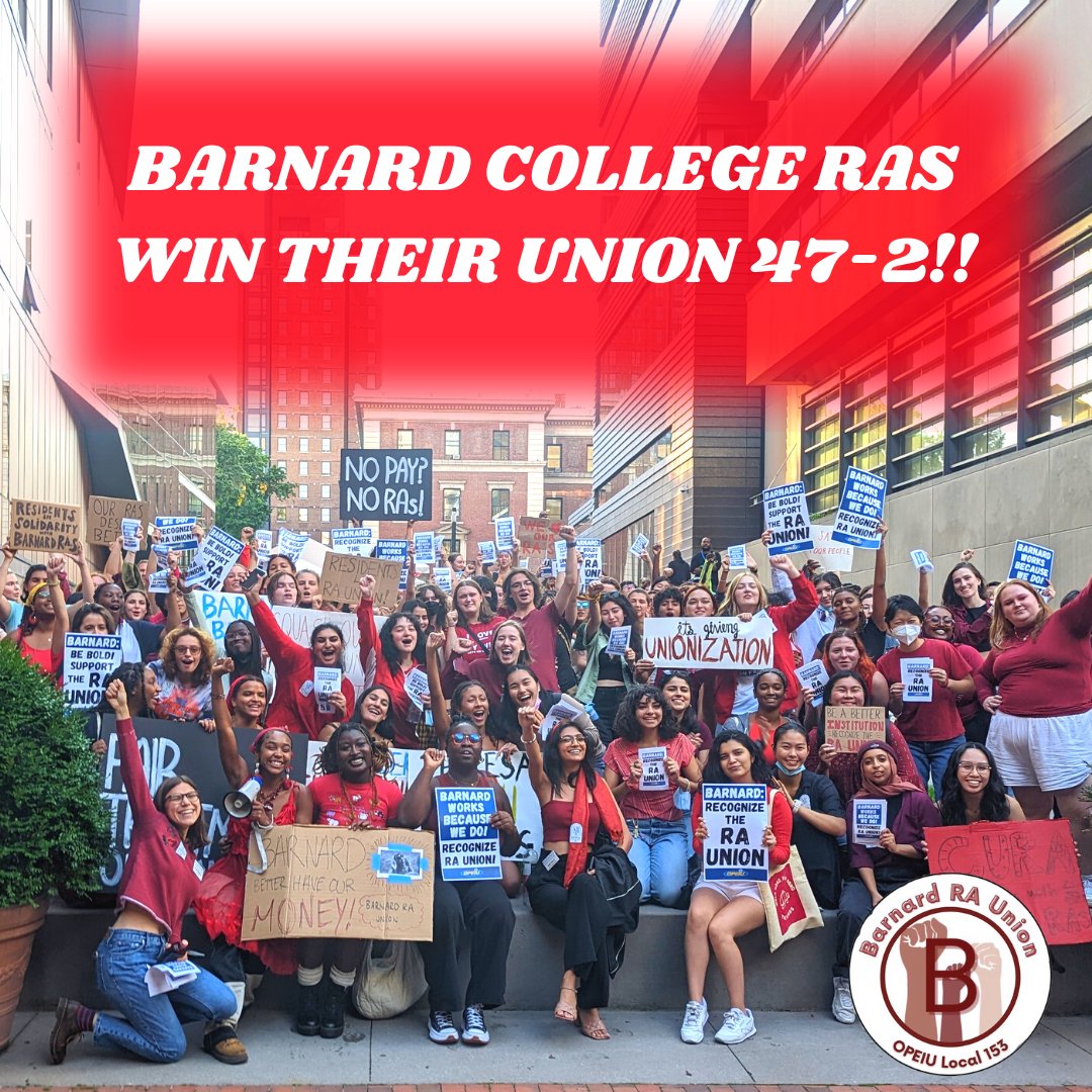 opeiu153's tweet photo. BARNARD RA'S WIN THEIR UNION 47-2!!!!!! CONGRATS TO OUR NEWEST UNDERGRAD WORKER UNION!!! https://t.co/uZpoo8N0w1