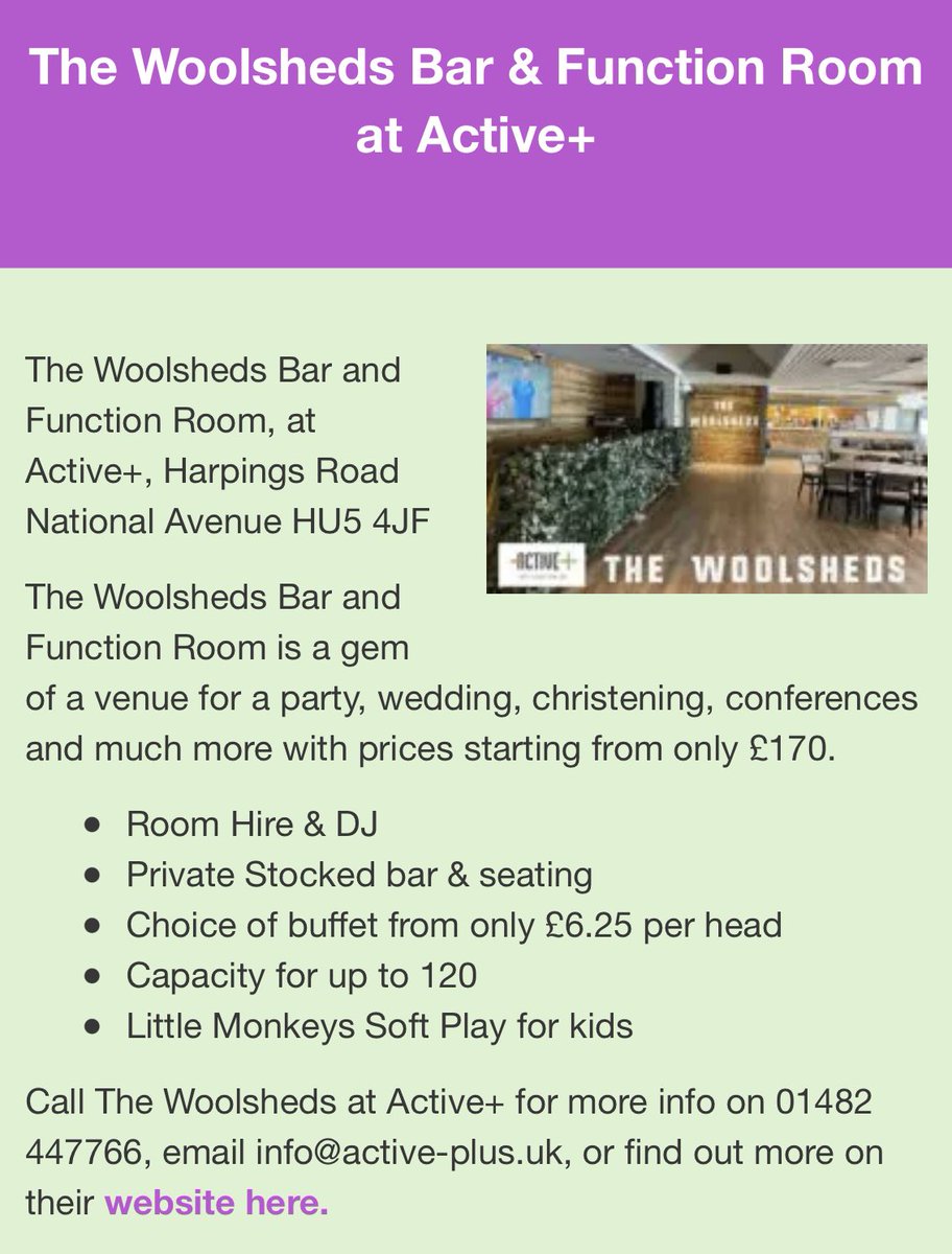 Book your next party here! 01482 447766 

The Woolsheds Harpings Road National Avenue HU5 4JF (Formerly known as the Hull indoor sports centre)