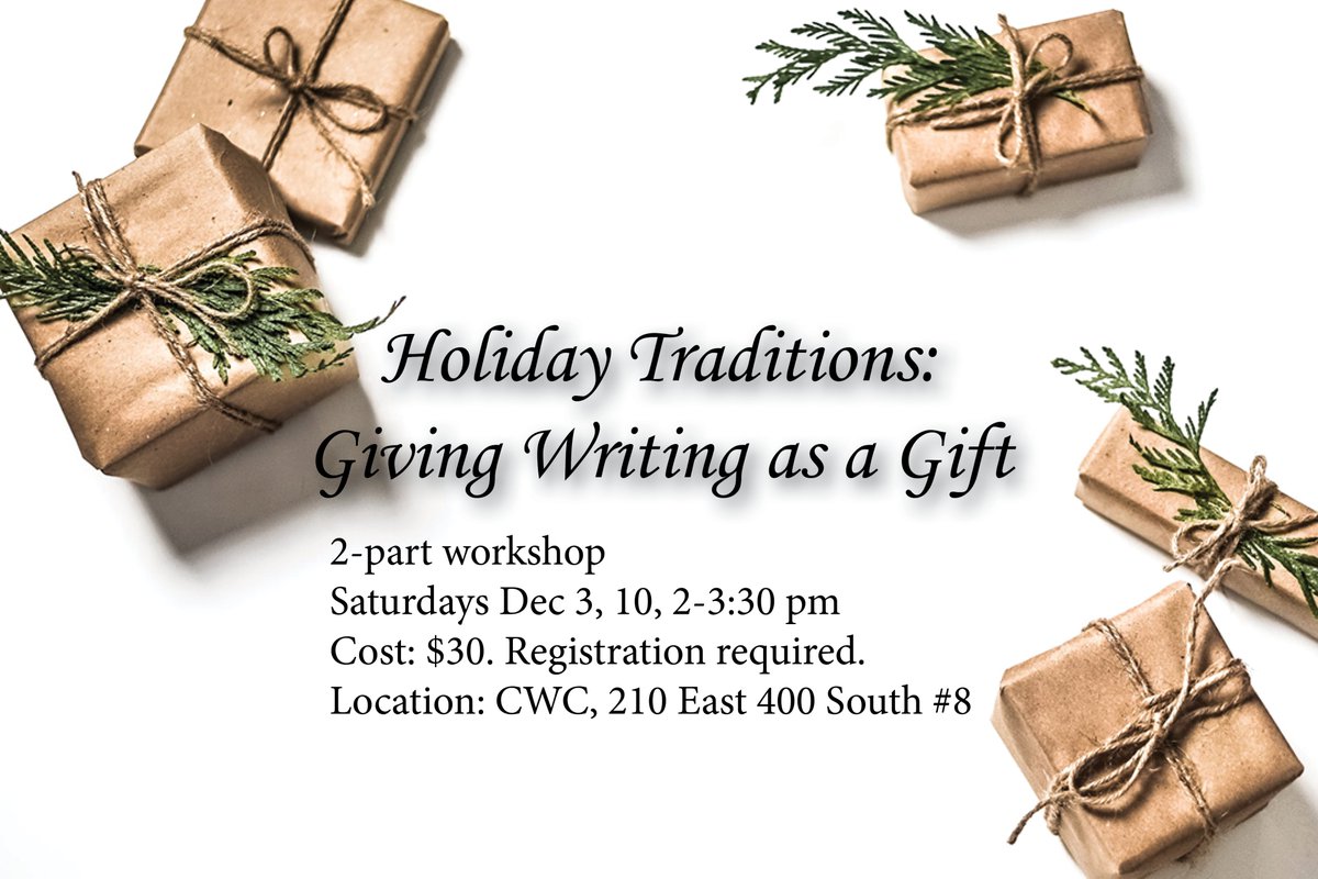 With the holiday season coming up, it's the perfect time to write about our Holiday Traditions! 

2-part workshop
Cost: $30. Registration is required.
Location: CWC, 210 East 400 South #8
Register: epay.slcc.edu/C20011_ustores…

#writingworkshop #writers #slc #utah