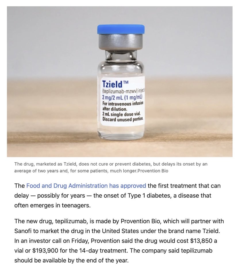 gorka_orive's tweet photo. La FDA aprueba el primer fármaco (tepilizumab: anticuerpo que bloquea la IL-6) que puede prevenir en años la aparición de la diabetes tipo I. Una enfermedad que suele aparecer siendo adolescentes. El precio del tratamiento de 14 días asciende a 193.900 dólares. https://t.co/4MRmg6w1dA