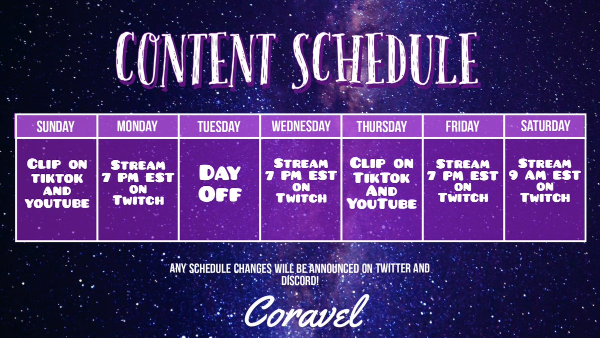 Official schedule! I'll try and get a clip up at least once a day, but this is the schedule I'll be doing my best to stick to for the foreseeable future. Hope to see y'all around ❤️

#VTuber #SmallStreamer #ContentCreator