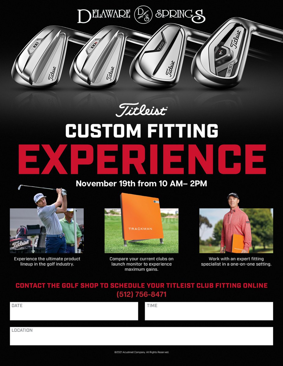 DelawareSprings's tweet photo. Titleist Fitting Day at Delaware Springs! Call to register: (512) 756-8471 https://t.co/p4zfmxcTFg