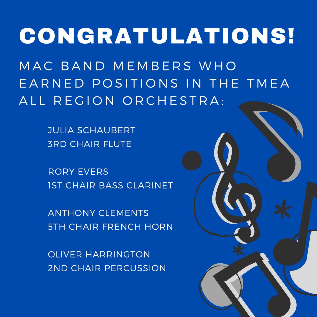 MACKnightsBand's tweet photo. Congrats to students who earned positions in the TMEA All Region Orchestra this past Saturday at Hays High School. The TMEA All Region Orchestra will present a concert on Saturday (Nov. 19) at the AISD PAC at 4 p.m. Admission is free. All are welcome!
#gomacband #regionorchestra https://t.co/agtNZOm8aP