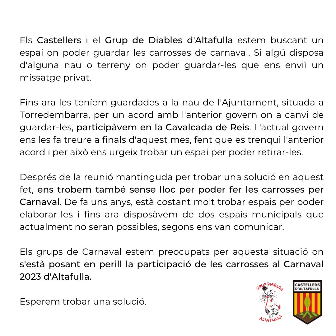 ⬆️ Us compartim un comunicat que hem redactat de manera conjunta amb els <a href="/calixart/">calix</a> . Esperem trobar algú que ens puguis ajudar… Seguim elaborant comunicats que no hauríem de fer mai.