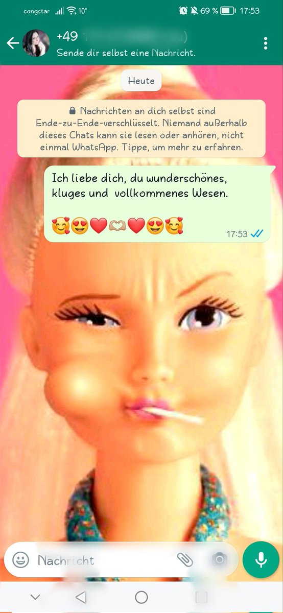 Dass man neuerdings bei WhatsApp die Möglichkeit hat, Nachrichten an sich selbst zu senden, finde ich persönlich absolut genial und sehr praktisch.

Ich habe mir erstmal geschrieben, wie toll ich mich finde.
