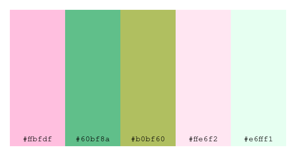 ColPaletteBot's tweet photo. Beep beep, here's a pretty color palette for you!
color-scheme.js parameters used:
- hue: 342
- variation: light
- colors: #ffbfdf, #60bf8a, #b0bf60, #ffe6f2, #e6fff1
Have a lovely evening!
#twitterbot #colorpalette #colors #palette #prettycolors https://t.co/HMtXQcc5pv