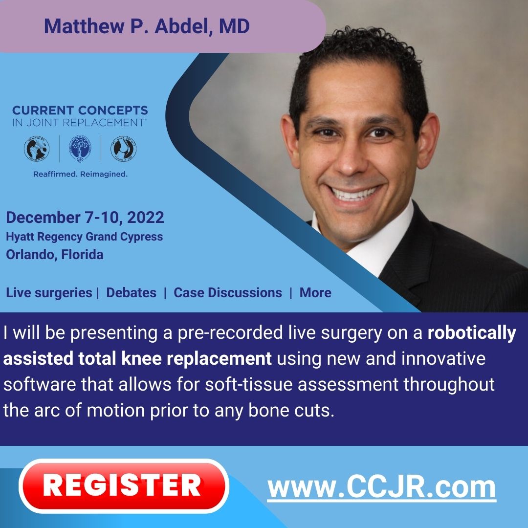 HipSocKneeSoc's tweet photo. Register to attend #CCJR2022 and earn 20 #CME credits while hearing from our outstanding faculty on #hottopics like #roboticallyassistedsurgery, and more. https://t.co/MjwuXLQy3T
@orthotwitter
@orthofeed
#arhtroplasty #currentconcepts #CCJR #TJA #THA #TKA #robotcs https://t.co/HoscSRgUi1