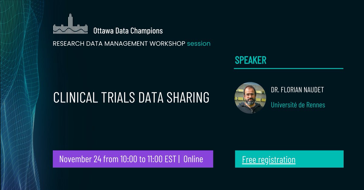 OHRI Journalology (@_journalology) on Twitter photo 📢New workshop alert!
Dr. <a href="/NaudetFlorian/">Florian Naudet</a> will discuss the value of clinical trial data sharing, the existing policies, and how to share clinical trial data.
Thursday, November 24 at 10 am EST.
Share w/ your network and register here 👉
uottawa-ca.zoom.us/meeting/regist… 📢New workshop alert!
Dr. <a href="/NaudetFlorian/">Florian Naudet</a> will discuss the value of clinical trial data sharing, the existing policies, and how to share clinical trial data.
Thursday, November 24 at 10 am EST.
Share w/ your network and register here 👉
uottawa-ca.zoom.us/meeting/regist…