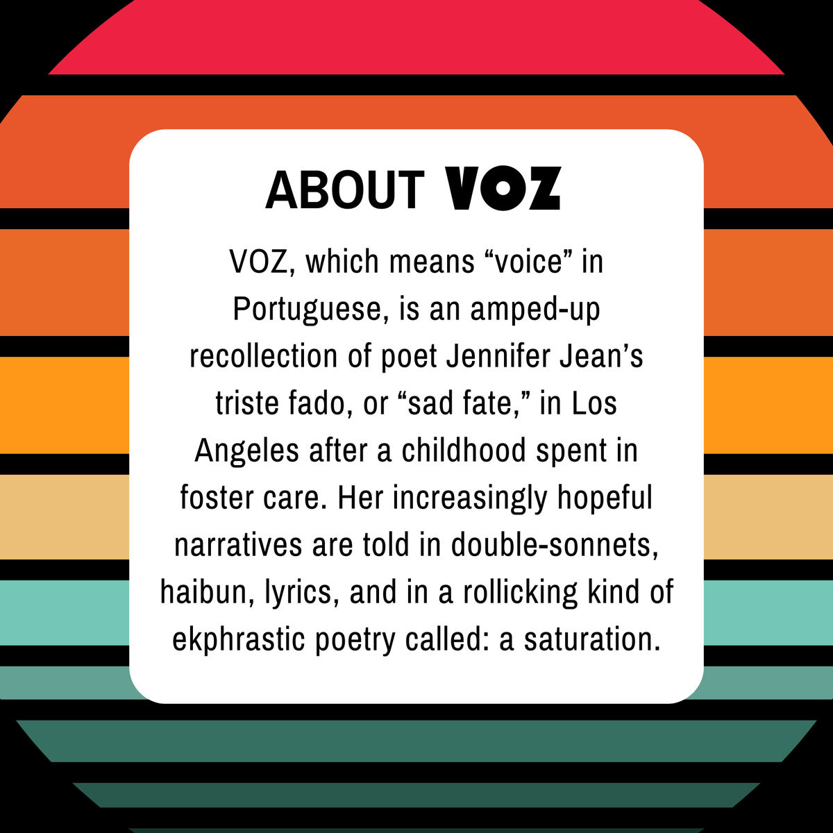 Have you pre-ordered my forthcoming chapbook, VOZ? This collection hits mailboxes and bookshelves in March 2023! 

Order your copy from my wonderful publisher, @PoetryLily:
lilypoetryreview.blog/lily-poetry-ch…

#jenniferjeanwriter #VOZ #VOZpoems #amwriting #booklaunch #lilypoets