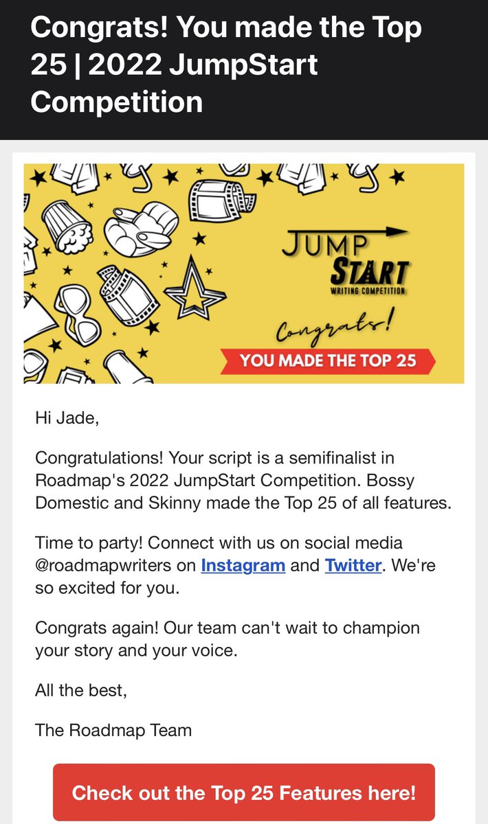 JadeShine2's tweet photo. I’d better post quick before the Twitter lights get shut off… thanks @roadmapwriters for making my mom-cloning comedy BOSSY, DOMESTIC, &amp; SKINNY a Semi Finalist and Top 25 Feature in your Jumpstart Competition! #ScreenwritingTwitter #screenwriting #screenwriter #RoadmapTT https://t.co/mBpvvwSXkf