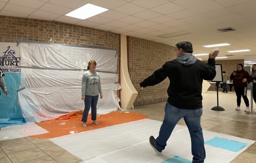 MarissaKubala's tweet photo. Pie an Admin in the face $5 
Proceeds benefitting the AHS Teacher Fund. 
My husband made a special trip to the high school today! 😂😂😂😂 Look at that follow through!! He said he was aiming for my shirt. 🤨 #ToryBurchforChristmas #AliceHighSchool #AHSAdmin https://t.co/XxqjpiR64A