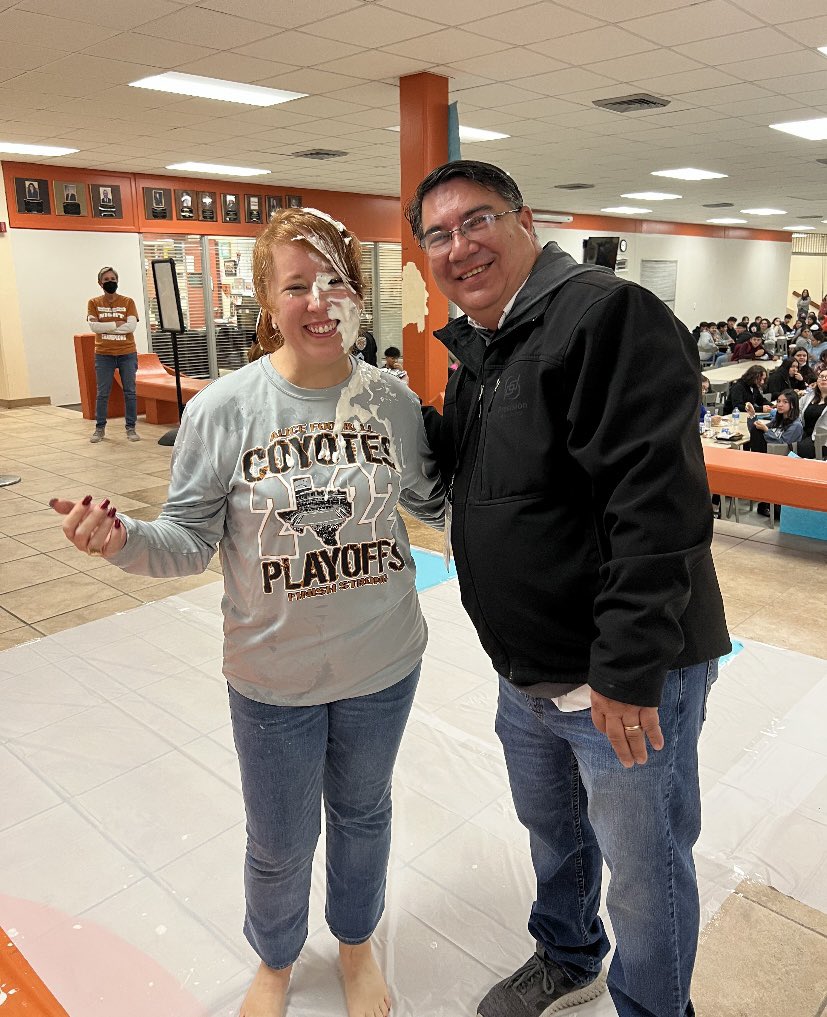 MarissaKubala's tweet photo. Pie an Admin in the face $5 
Proceeds benefitting the AHS Teacher Fund. 
My husband made a special trip to the high school today! 😂😂😂😂 Look at that follow through!! He said he was aiming for my shirt. 🤨 #ToryBurchforChristmas #AliceHighSchool #AHSAdmin https://t.co/XxqjpiR64A