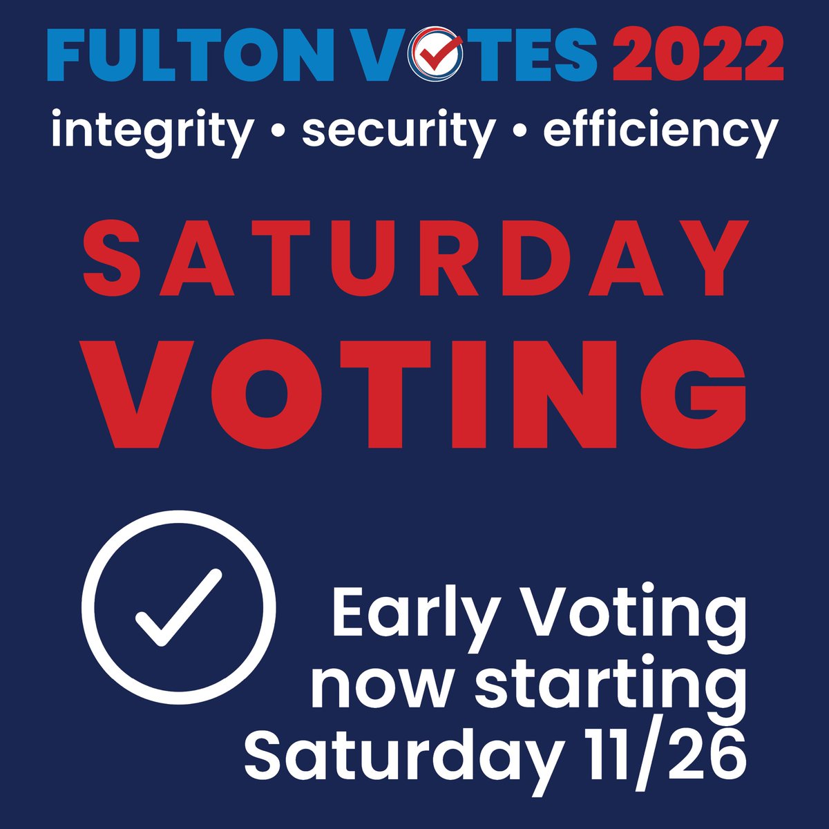 Early voting for the Dec 6 runoff election will begin on Sat, Nov 26 at 7 a.m. at 24 Fulton County locations. 🗳 For the full list of early voting locations, including 3 college campus sites &amp; 7 absentee drop box locations, go to fultoncountyga.gov/voteearly 🇺🇸 #FultonVotes