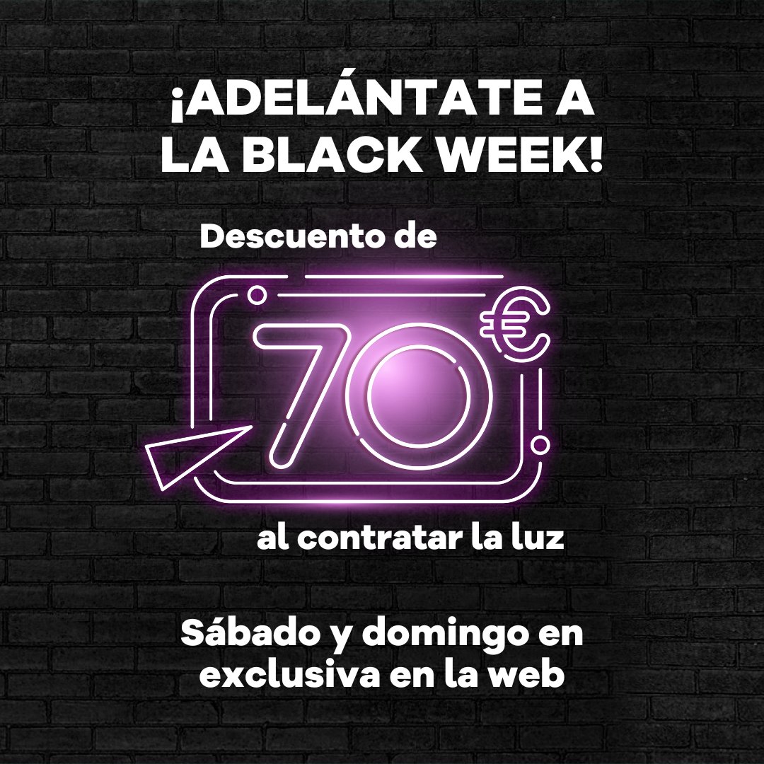 ¡Adelántate a la #BLACKWEEK en exclusiva la web! ⚡ Consigue 70€ de descuento en la factura de la luz*  👉 ganaenergia.com/tarifas-luz?ai…

Y si ya eres cliente, 70€ por cada invitado con tu Plan Amigo entre el 19/11 y el 25/11.

#GanaEnergía #VelocidadDelAhorro #blackfriday