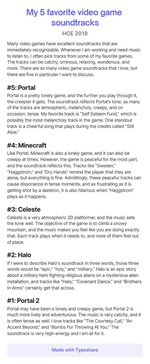 HCE2018's tweet photo. My 5 favorite video game soundtracks https://t.co/0YYAkqJoSR