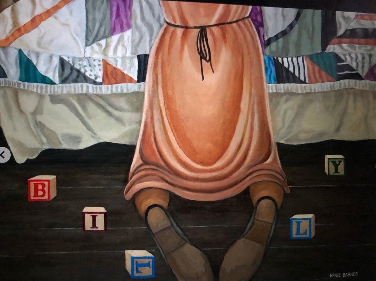 ❤️🙏🏾 On November 18, 2008, Ernie Barnes unveiled two paintings commissioned by singer-songwriter Bill Withers and his wife Marcia. “Angel in Training,” 2008 depicts Bill’s grandmother praying beside a bed. The ABC wooden blocks surrounding her affectionately spell out “Billy.
