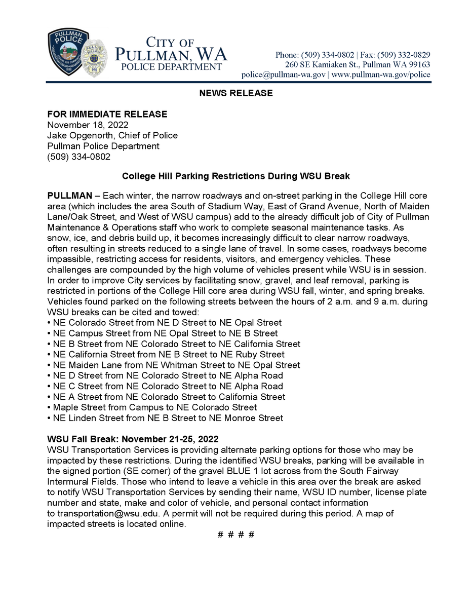 News release from the city of Pullman Police Department.