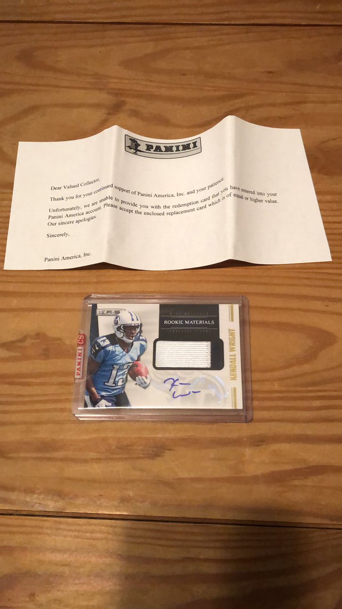 mage1819's tweet photo. @PaniniAmerica what is this?  Waited over 5 years for a redemption and this is the replacement?  Kendall Wright /49…How is that close to a Tyrod Taylor NFL National Treasures Veteran Treasures /10?  This is pitiful. https://t.co/buT6hVhNk5