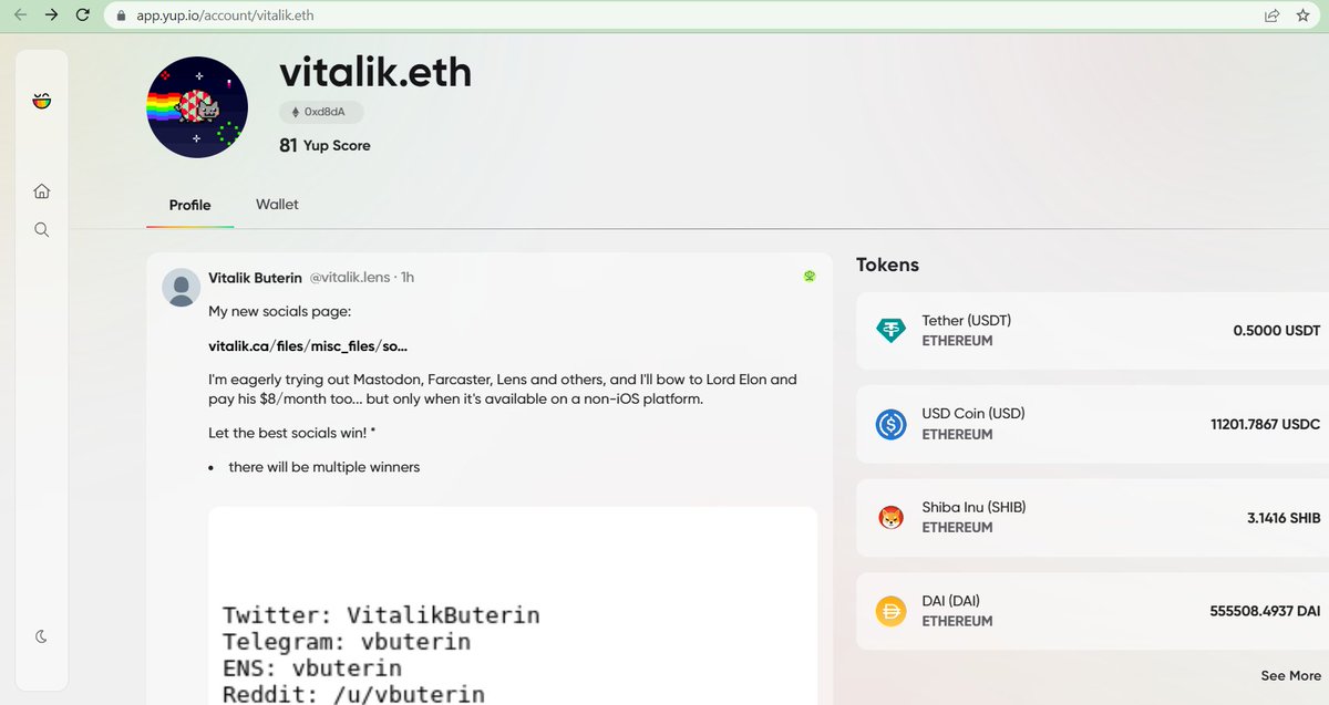 Nice move, @vitalikbuterin! Web3 Social Season has officially begun 🎉

Glad to see you’re checking out <a href="/LensProtocol/">Lens</a> and @Farcaster_xyz. See all of it and more here app.yup.io/account/vitali…

Get the best of web3 social — plus NFTs, <a href="/viamirror/">Mirror</a>, <a href="/poapxyz/">POAP - Bookmarks for your life</a>, and more
