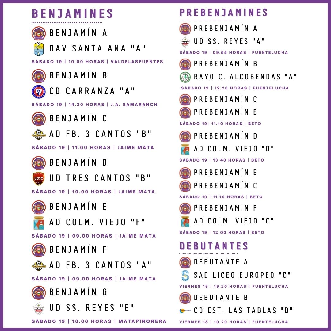 CLUB |
AGENDA 📔 de partidos para este fin de semana.
¡Mucha suerte para todos! 🍀
¡VAMOS TRES CANTOS! 🤍💜

#SomosCDF
#RendirseNunca
#VamosTresCantos
#SúmateAlBlancoYMorado🤍💜