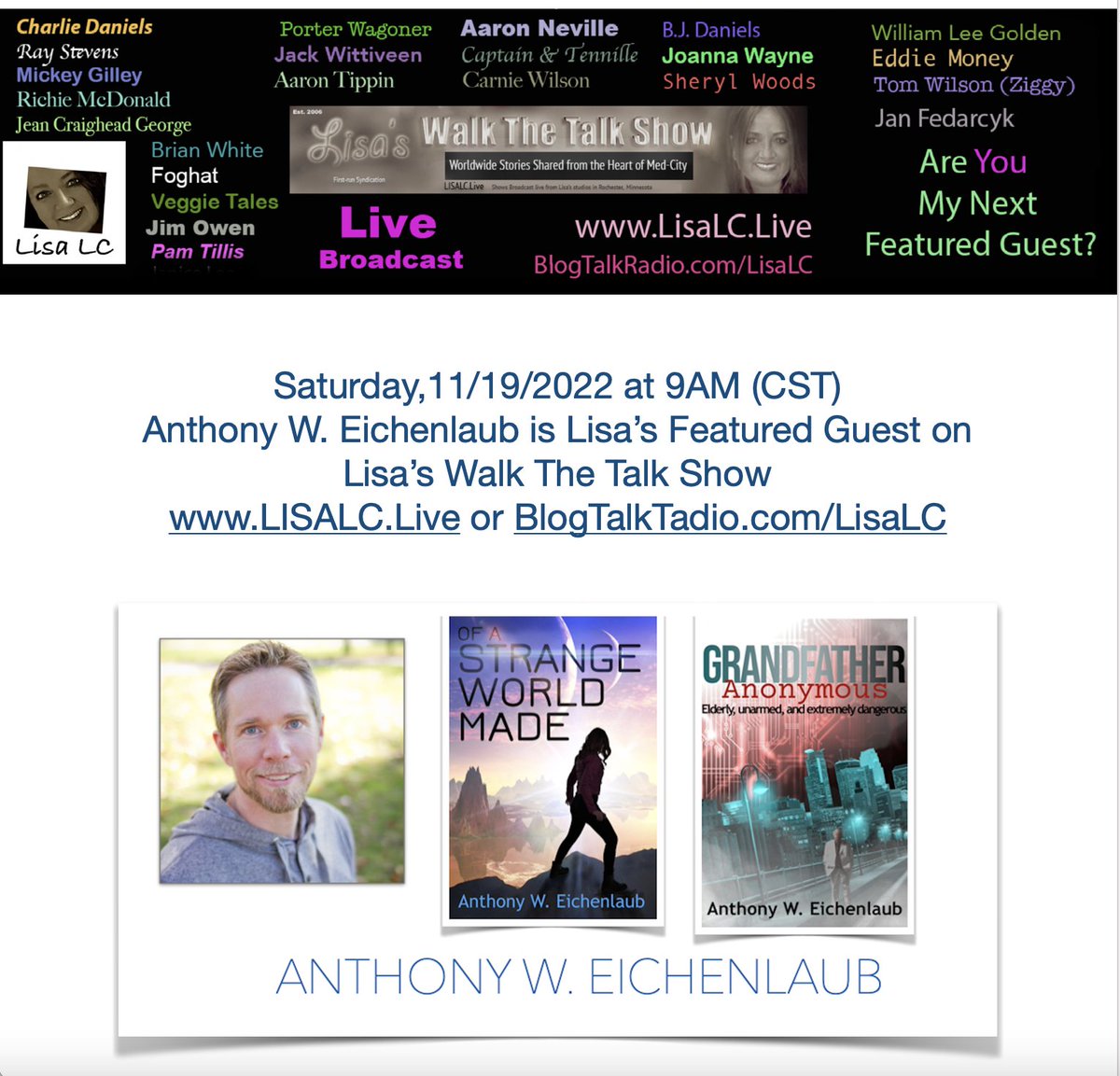 lisasbookstores's tweet photo. Live Broadcast tomorrow at 9AM (CT) with Anthony Eichenlaub. I have several of his signed books in my Peacock Books store in the Galleria. Please support local authors! https://t.co/IkFz5GhfnO