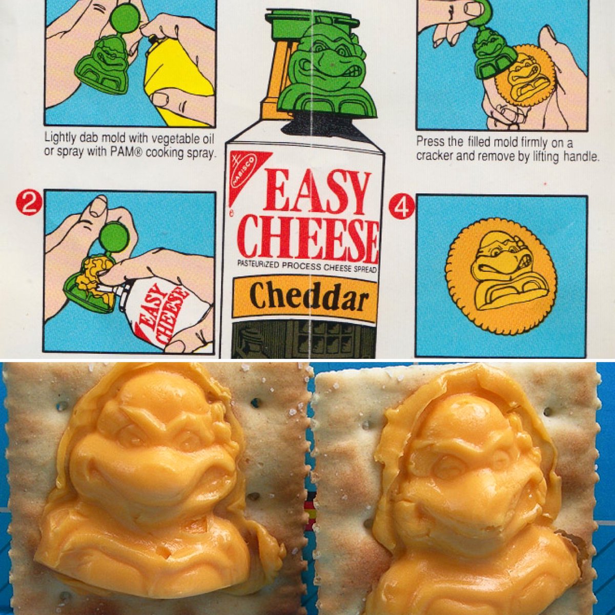 DinosaurDracula's tweet photo. In 1989, cans of Easy Cheese came with a plastic mold that let you create Ninja Turtle faces out of gooey cheese. Life was good. https://t.co/f5t8DYUHx8