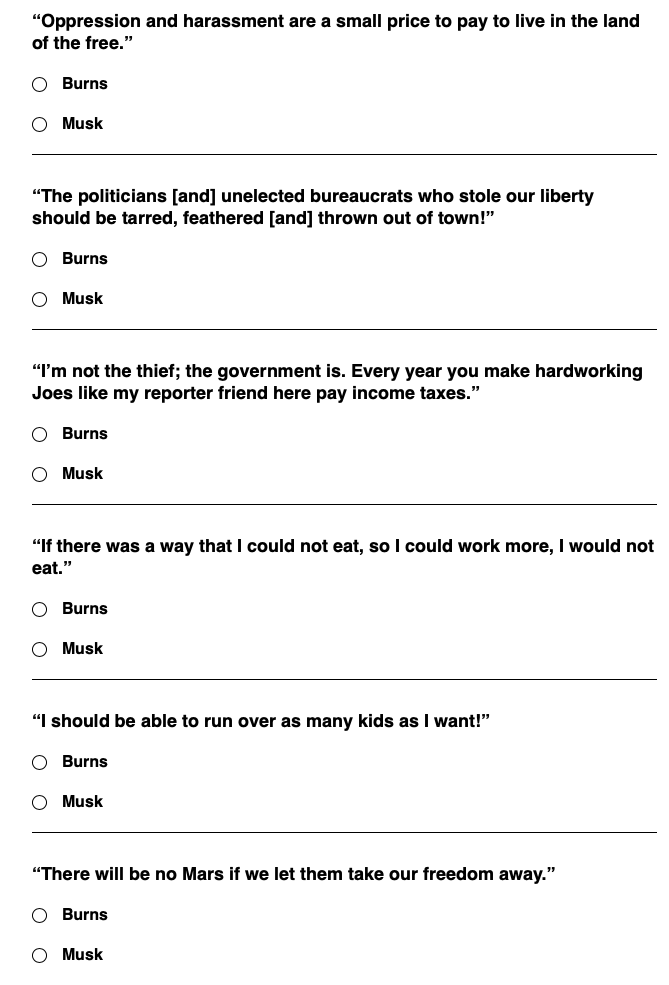 RayRedacted's tweet photo. Who Said it: Elon Musk or Mr. Burns? Full quiz is here: https://t.co/ZyszrNlQhV https://t.co/swdVuMzUld