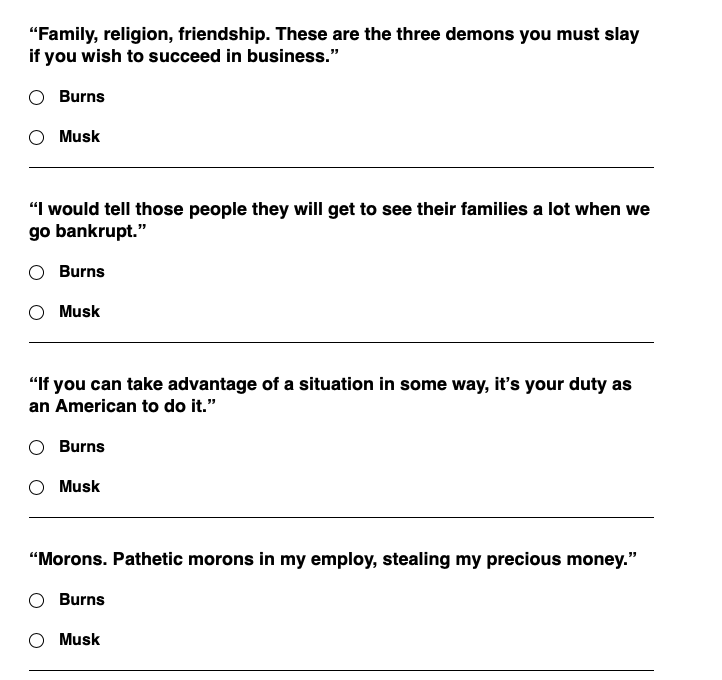 RayRedacted's tweet photo. Who Said it: Elon Musk or Mr. Burns? Full quiz is here: https://t.co/ZyszrNlQhV https://t.co/swdVuMzUld