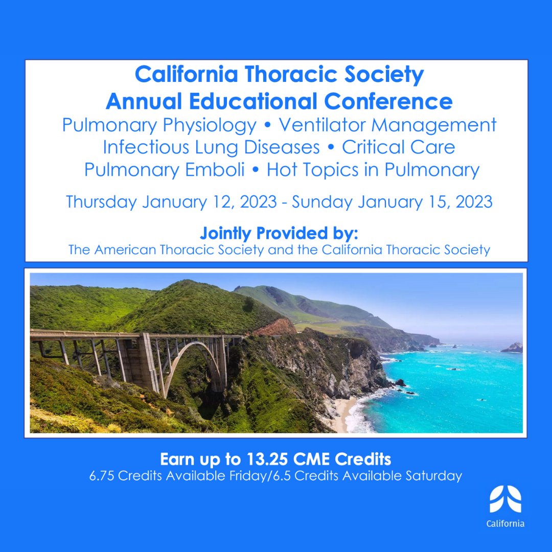 CSRC (@csrc_tweets) on Twitter photo The <a href="/CalThoracic/">California Thoracic Society</a>, a CSRC partner, is having its Annual Educational Conference at the Portola Hotel and Spa in Monterey, CA on January 12-15, 2023.
1/3 The <a href="/CalThoracic/">California Thoracic Society</a>, a CSRC partner, is having its Annual Educational Conference at the Portola Hotel and Spa in Monterey, CA on January 12-15, 2023.
1/3