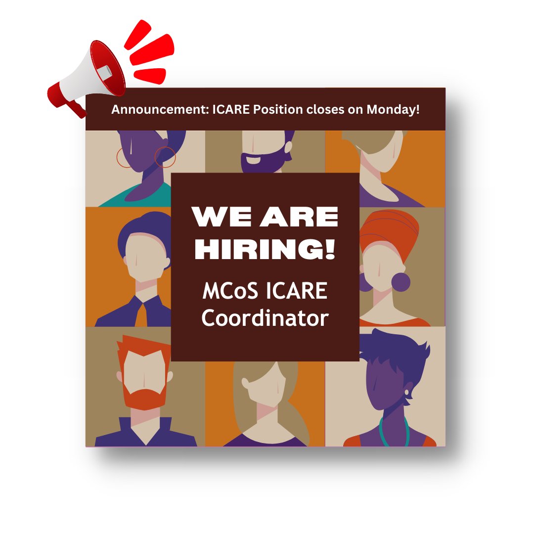 MC_o_S's tweet photo. We're Hiring! We is looking for an ICARE Coordinator to join our team. If you are interested or know of someone who would be a great fit, please visit our job posting before it closes this monday!

More details on this position can be found on our website:
https://t.co/nWwbBSZPsY https://t.co/PbllzSsxgl