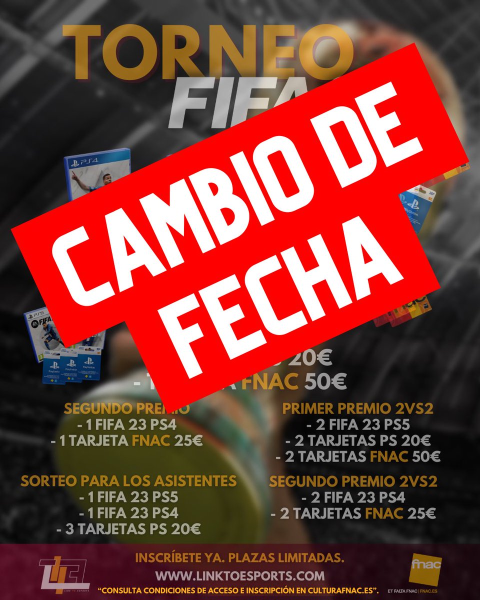 🚨 CAMBIO DE FECHA 
😱 Cambiamos la fecha del torneo con <a href="/Fnac_CAT/">Fnac CAT</a> al 28 de Enero de 2023. 
👉🏻 Todos los participantes que habéis realizado la preinscripción recibiréis el dinero de la reserva de vuelta. 
😍 ¡Nos vemos en ENERO!