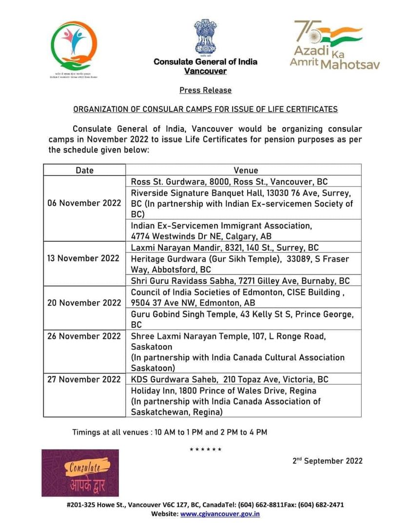 #consularcamp is being organized on 20 Nov  at #Edmonton and #PrinceGeorge to issue Life Certificate to pensioners who receive pensions from Government of India. Please join at the listed venues from 10 am onwards. 
<a href="/MEAIndia/">Randhir Jaiswal</a> <a href="/IndianDiplomacy/">Indian Diplomacy</a> <a href="/meaMADAD/">Madad, MEA</a> <a href="/HCI_Ottawa/">India in Canada</a> <a href="/PIB_India/">PIB India</a>