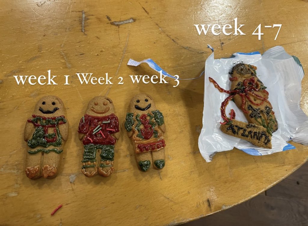 cambtweethispol's tweet photo. Thanks to the college welfare officers who organised a really fun gingerbread men decoration thing today 🥰 see below for an accurate depiction of Michaelmas term for me :) #CambTweet https://t.co/evNz4viNcM