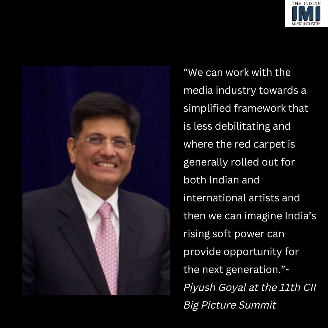 Check out the @IndianMusicorg page for more updates. Follow, like and share #indianmusicindustry #indianmusic #businessofmusic #audiostreaming #recordedmusic #mediaandentertainment #ciibigpicturesummit #piyushgoyal #indianartist #softpower