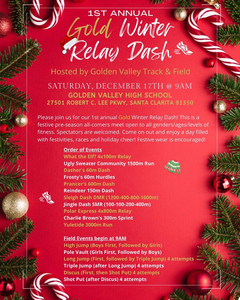 GVjumps's tweet image. Please join us on Saturday, December 17th as we host our 1st Annual Gold Winter Relay Dash! This is a holiday themed All-Comers Meet that is open to athletes of all genders, ages, and levels of fitness! Come out and enjoy a day filled with festivities, races and holiday cheer!