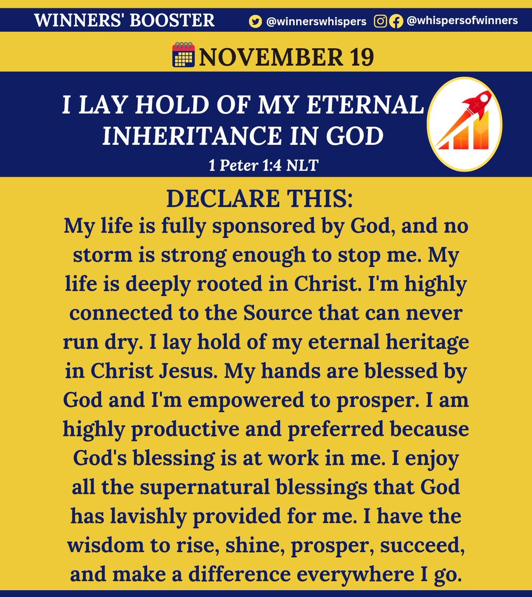 WinnersWhispers's tweet image. Declare this:
My life is fully sponsored by God. No storm is strong enough to stop me. I am connected to the Source that can never run dry. I lay hold of my heritage in Christ Jesus. I rise, shine, prosper, make a difference &amp;amp; make Christ known everywhere I go.
#whispersofwinners