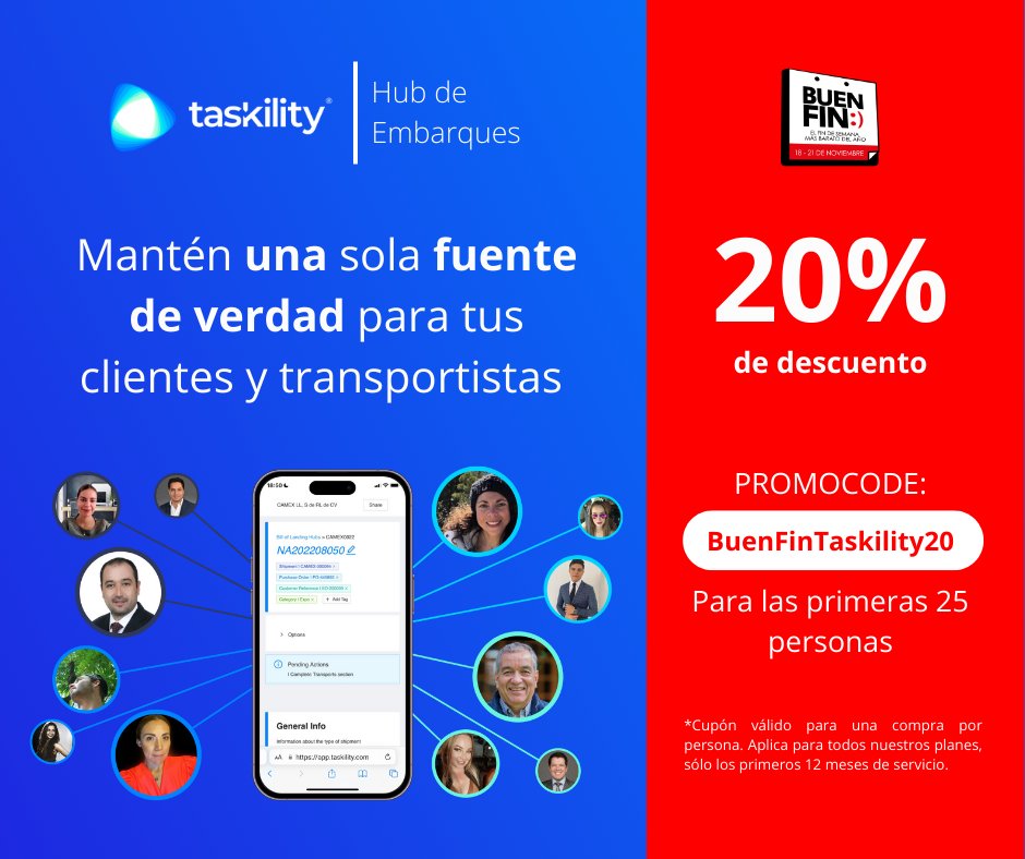 taskility's tweet image. Buen día. Si no aprovechaste los descuentos del día de ayer. Te tenemos éste descuento del 20% en todos nuestros planes para las primeras 25 personas en usar el PROMOCODE: BUENFINTASKILITY20.