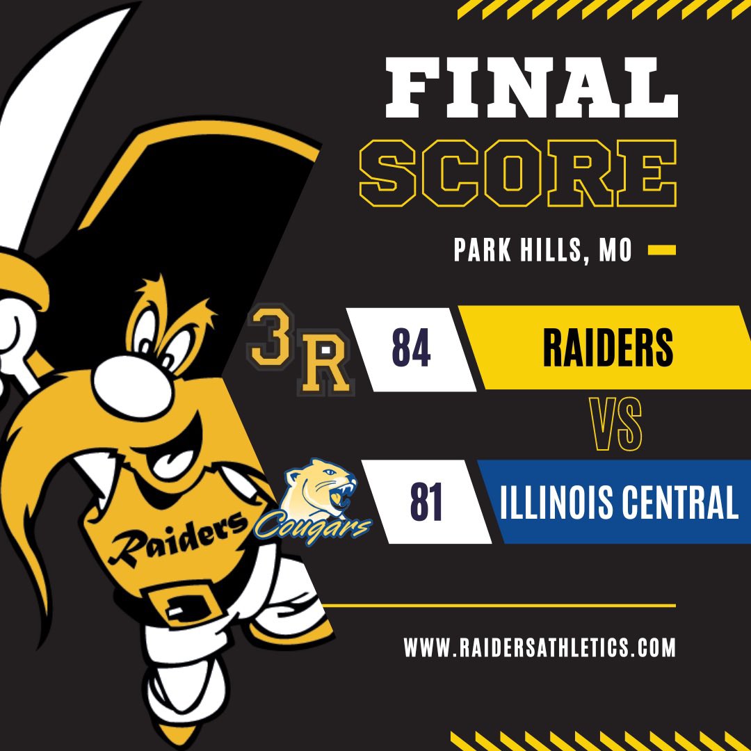 Raiders beat Illinois Central 84-81.  Record now goes to 3-4.  We were led by:

Lamont Jackson - 17 pts, 7 ast, 5 stls
Mario Fleming - 16 pts
3 players with 14 pts.

Will play ASU-Mid South tomorrow back in Park Hills at 3:00 PM.