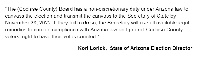 brahmresnik's tweet photo. UPSHOT Cochise County Board's Republicans tee up  another showdown with AZ Secretary of State's office. Certification vote delayed till 11/28 for apparently bogus reason. State elex director: All legal means will be used to compel compliance. (And thank you @utilityreporter!) https://t.co/LJuZDORiUc