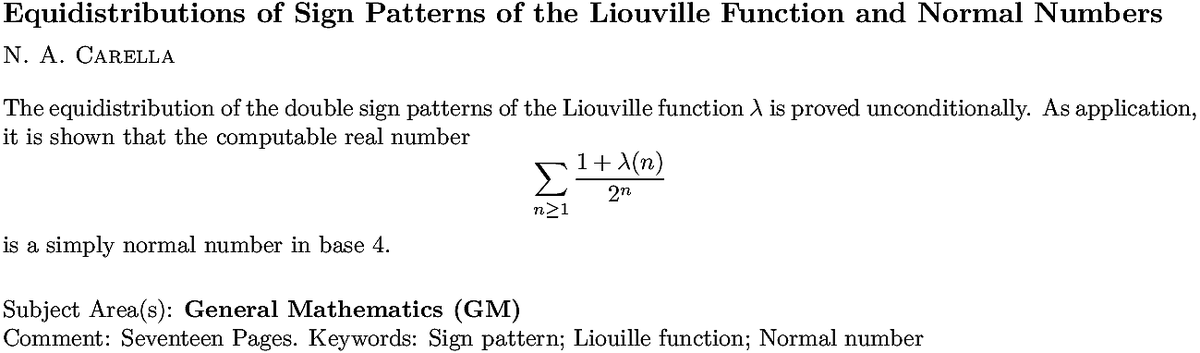 arxiv.org/abs/2211.09736…
N A Carella
Equidistributions of Sign Patterns of the Liouville Function and Normal
  Numbers