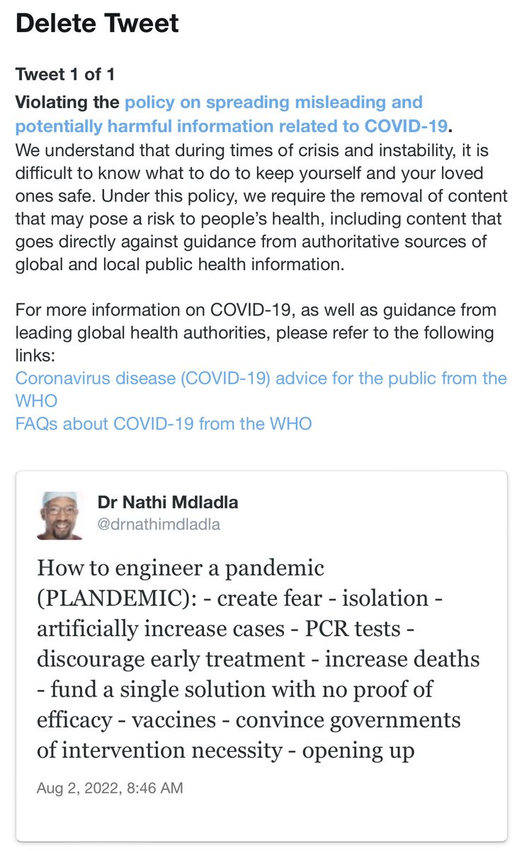 drnathimdladla's tweet image. I was asked to delete this tweet or face a permanent ban on Twitter! I kept the receipt for future use… This was my opinion as a medical person who’s run/worked in a COVID-19 ICU. What makes my opinions misinformation and those of conflicted scientists truth with no challenge?