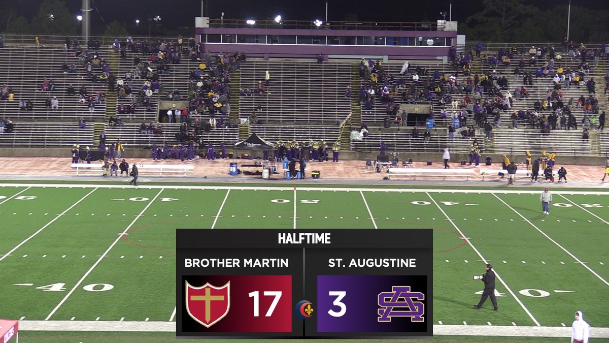CCSprep's tweet photo. HALFTIME: Brother Martin 17 St. Augustine 3 - Five combined turnovers between the Crusaders and Purple Knights. Join us for the second half in about 15 minutes! #ccsprep #lhsaa @lhsaa @kentrahan https://t.co/nyo5U7aiQI