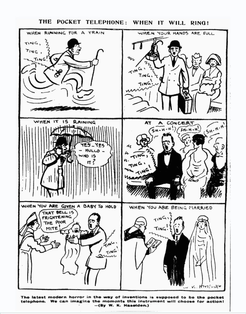 Scarcely believable, but predictions about technology (usually wide off the mark) sometimes were eerily prescient. See this 1919 cartoon, when fixed-line telephones were still rare, which anticipated the mobile phone &amp; the nuisance it could turn out to be 80 years later!