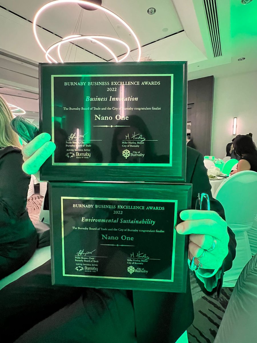 NanoOne_NANO's tweet photo. An honour to have our incredible team win the award for #BusinessInnovation. 

Thank you Burnaby Board of Trade for recognizing the sector. 

Congratulations to every team member, you all made this possible.

#thinkglobal #actlocal 

#batteries #evs #supplychain #$NANO $NNOMF https://t.co/GhEcROvjce