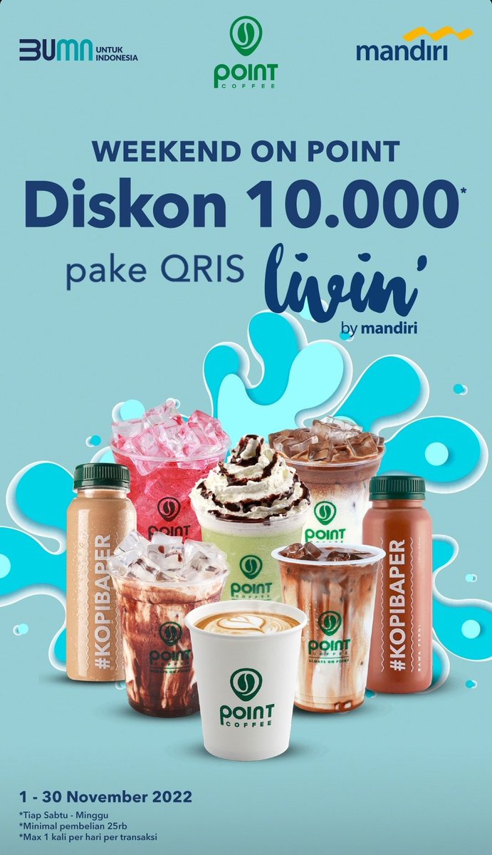 RacunBelanja's tweet photo. Point Coffee Diskon Rp10.000
Pakai QRIS Livin' by Mandiri
🗓️ 1-30 November 2022

• Setiap Sabtu dan Minggu
• Minimal pembelian Rp25.000
• Maksimal 1 kali/hari/transaksi https://t.co/JQvG1Sakku