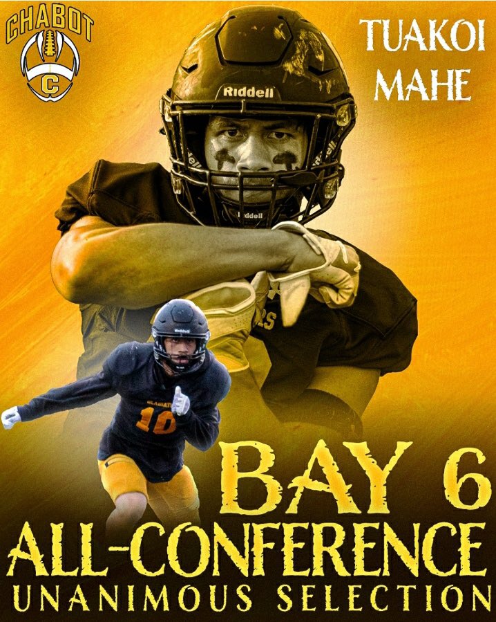 Tuakoi Mahe (@15tmahe) on Twitter photo Glad to be an Unanimous Selection to the Bay 6 All Conference!
OLB/SS
State Leader in Solo Tackles
2nd Place in Conference DPOY
All American Qualifier 
5โ11 185Lbs
GPA 3.30
<a href="/CoachFanene/">Eric Fanene</a> <a href="/CoachKPole/">Kalafitoni Pole</a> <a href="/ChabotFootball/">Chabot Football</a> @CoachBear_ <a href="/coach__black/">Marcus Blacksher Jr. (DVC 5-1)</a> <a href="/JUCOFFrenzy/">JUCO Football Frenzy</a> Glad to be an Unanimous Selection to the Bay 6 All Conference!
OLB/SS
State Leader in Solo Tackles
2nd Place in Conference DPOY
All American Qualifier 
5โ11 185Lbs
GPA 3.30
<a href="/CoachFanene/">Eric Fanene</a> <a href="/CoachKPole/">Kalafitoni Pole</a> <a href="/ChabotFootball/">Chabot Football</a> @CoachBear_ <a href="/coach__black/">Marcus Blacksher Jr. (DVC 5-1)</a> <a href="/JUCOFFrenzy/">JUCO Football Frenzy</a>