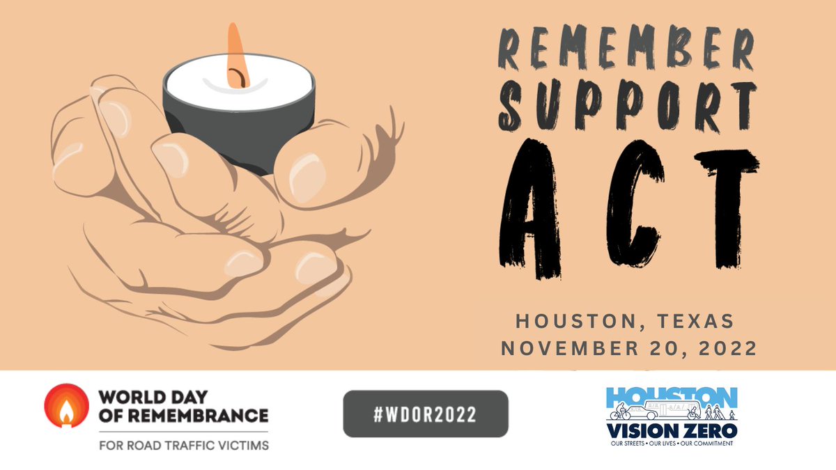 HoustonPlanning's tweet photo. Families who have lost loved ones in traffic crashes are encouraged to join Houstonโs World Day of Remembrance vigil at 4:30 p.m., Sunday in front of City Hall. #WDoR2022 #VisionZeroHouston https://t.co/BRk6FNxO2P