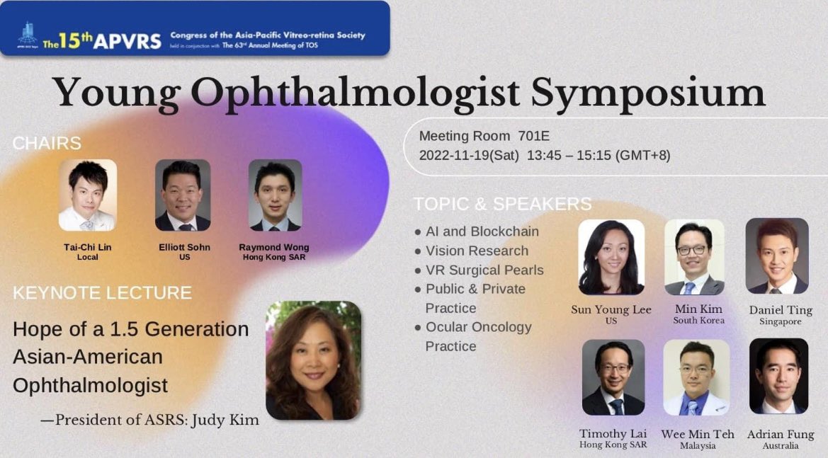 If you’re at the APVRS meeting in Taipei come hear inspiring talks for the next generation of ophthalmologists by these distinguished speakers, including the <a href="/asrsdocs/">ASRS</a> President Judy Kim! <a href="/apvrs_org/">APVRS</a> <a href="/DanielTing20/">Daniel Ting</a>