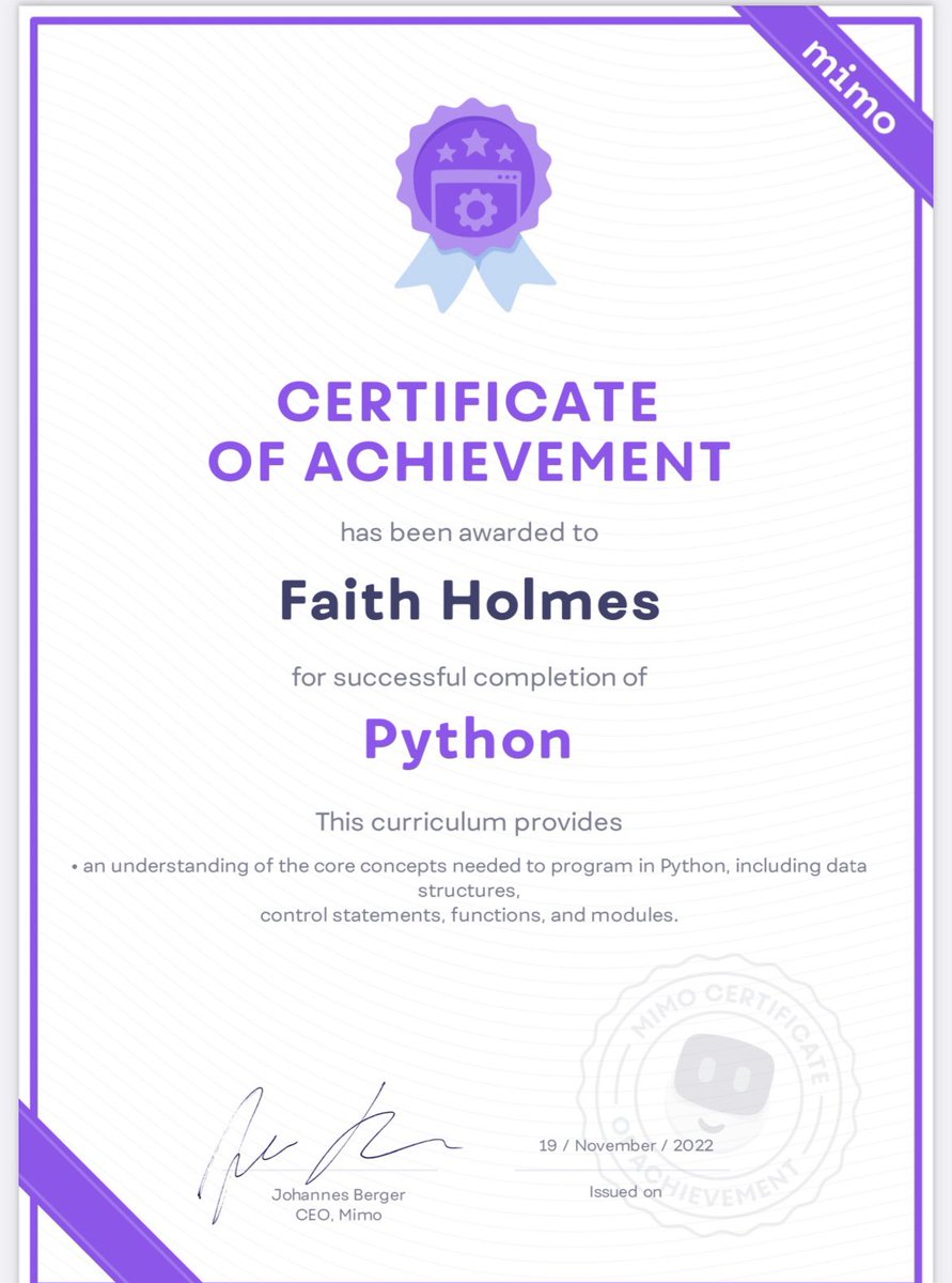 faithcodes23's tweet photo. I truly enjoy @getmimo for on the go practice. I just earned my Python certificate. A great start. #Python #pythoncode #mimoapp #coding #codinglife https://t.co/hAfW1nALUd