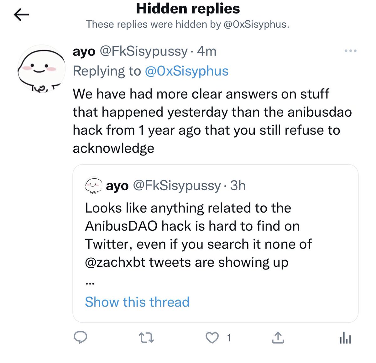 Strange behaviour by <a href="/0xSisyphus/">Sisyphus</a> to be hiding everything related to the anibus hack which he was a part of, he walked away with $60m 

Look <a href="/zachxbt/">ZachXBT</a>